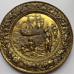 Vintage Gold Wall Plate with Ship Design
